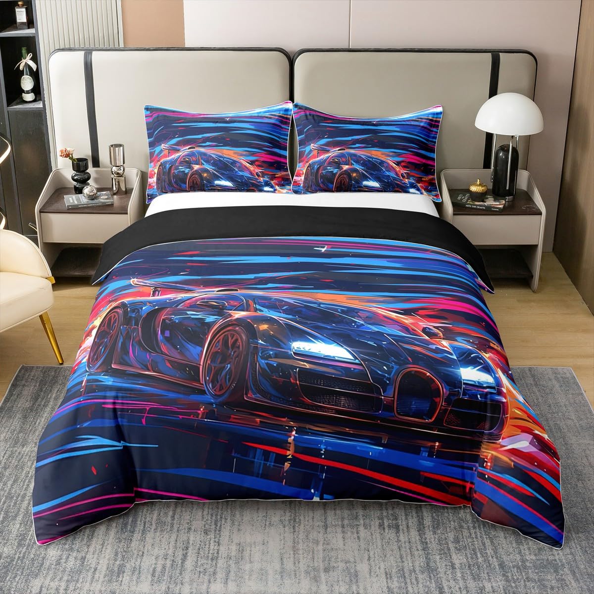 Homemissing Race Car Duvet Cover 100% Cotton Single Speed Sports Car Bedding Set For Kids Extreme Sports Comforter Cover Set Trippy Automobile Colorful Bedspread Cover Room Decor Bedclothes Zipper