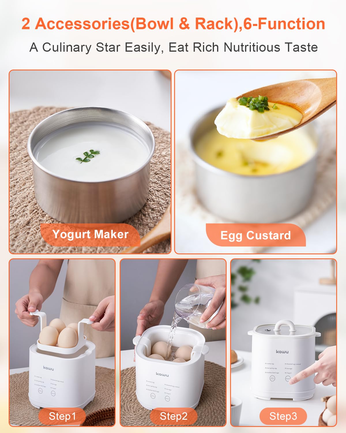 Kawu 6-Function Egg Cooker for Hard Boiled Eggs, Egg Boiler with Timer, Egg Cooker for Soft Boiled Egg, Electric Egg Boiler with Auto Shut Off &Alarm, W/Bowl&Rack