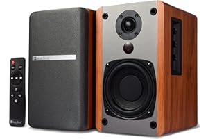 SINGING WOOD BT25 Powered Bluetooth Bookshelf Speakers, Subwoofer Output - Hi-Fi Active 2.0 Stereo System with Optical/RCA Inputs & Bass/Treble Control for Home Theater and Gaming, 80 WattsBeach Wood
