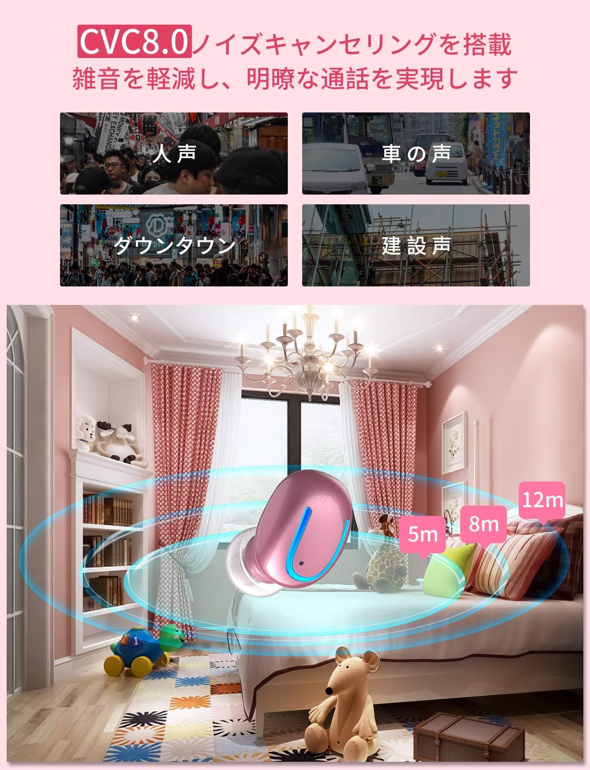 【女性に大人気】Kinganda Bluetooth イヤホン 5.0 進級版 可愛い ピンク 完全 ワイヤレスイヤホン 最新のTWS技術 運動にも最適