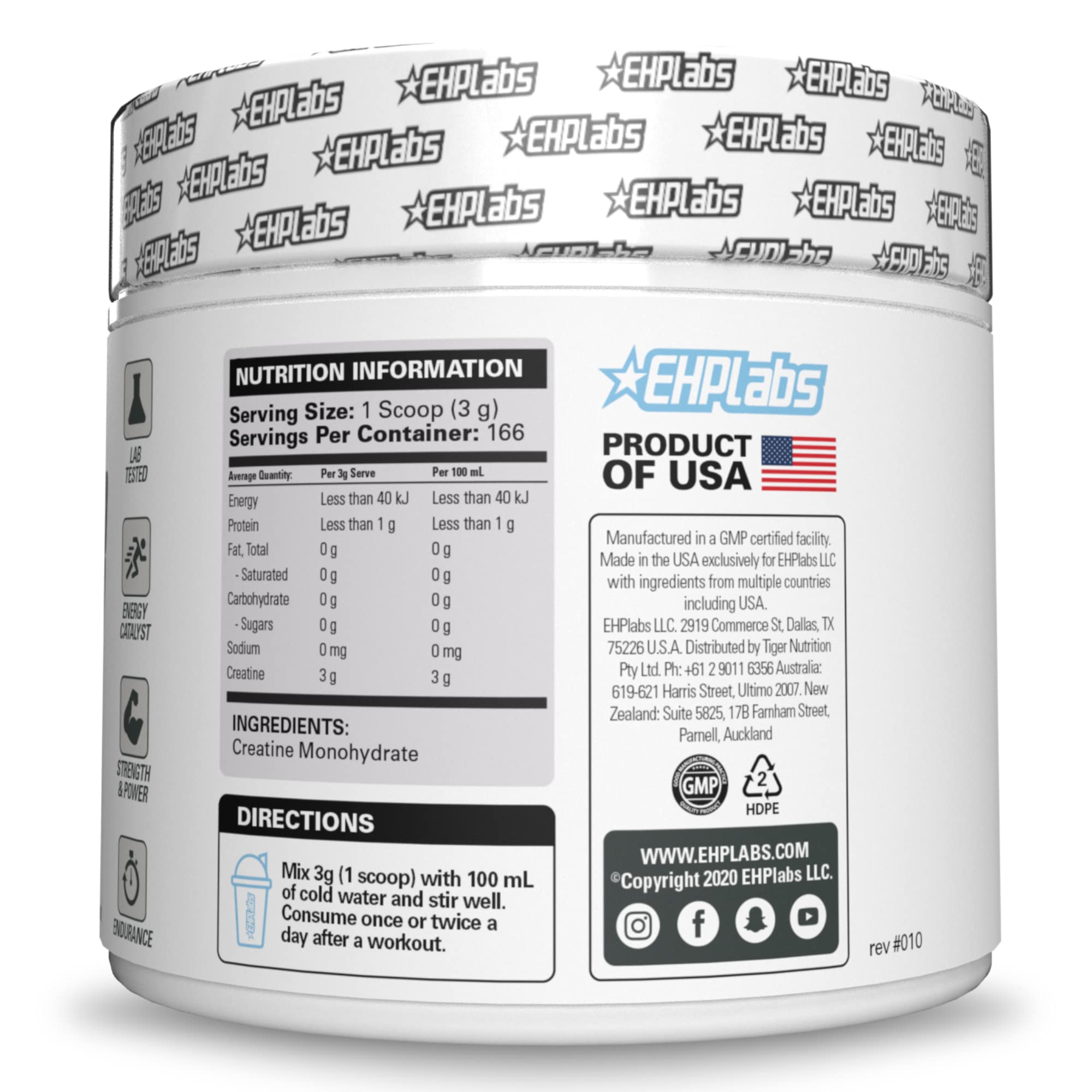 EHP Labs CREA-8 Creatine Monohydrate Powder - Unflavored Creatine Powder for Muscle Growth, Increased Strength, Enhanced Energy Output and Improved Performance - 100 Servings (500g)