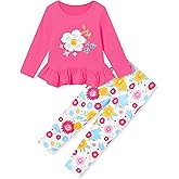 CARETOO Toddler Girl Clothes Girl 2pcs Fall Winter Outfit Ruffle Hem Top and Full-print Patterned Pants 2-7 Years