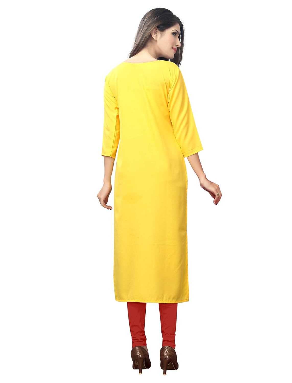1 stop fashion women's white-yellow coloured crepe knee long w style kurtas/kurti