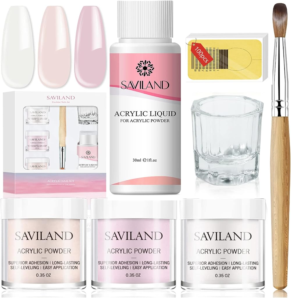 SAVILAND Acrylic Nail Kit 3 Colors Powder & Liquid Set Pink Nude Clear