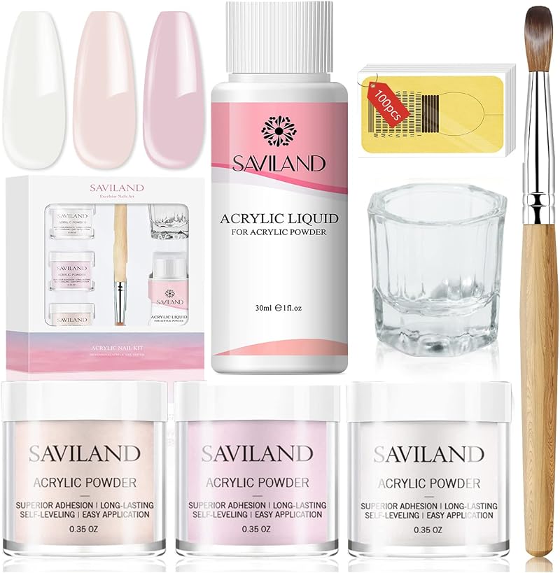 SAVILAND Acrylic Nail Kit 3 Colors Powder & Liquid Set Pink Nude Clear
