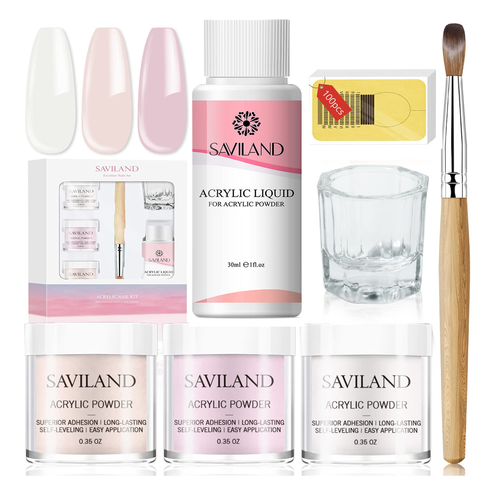 Saviland Acrylic Nail Kit, 3 Colors Pink Nude Clear Acrylic Powder and Liquid with Brush, Froms Dappen Dish Set for Nail Extensions & Manicures