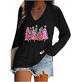Christmas V Neck T Shirts for Women Christmas Tree Graphic Tshirts Long Sleeve Cute Tees Xmas Holiday Party Tops Outfits
