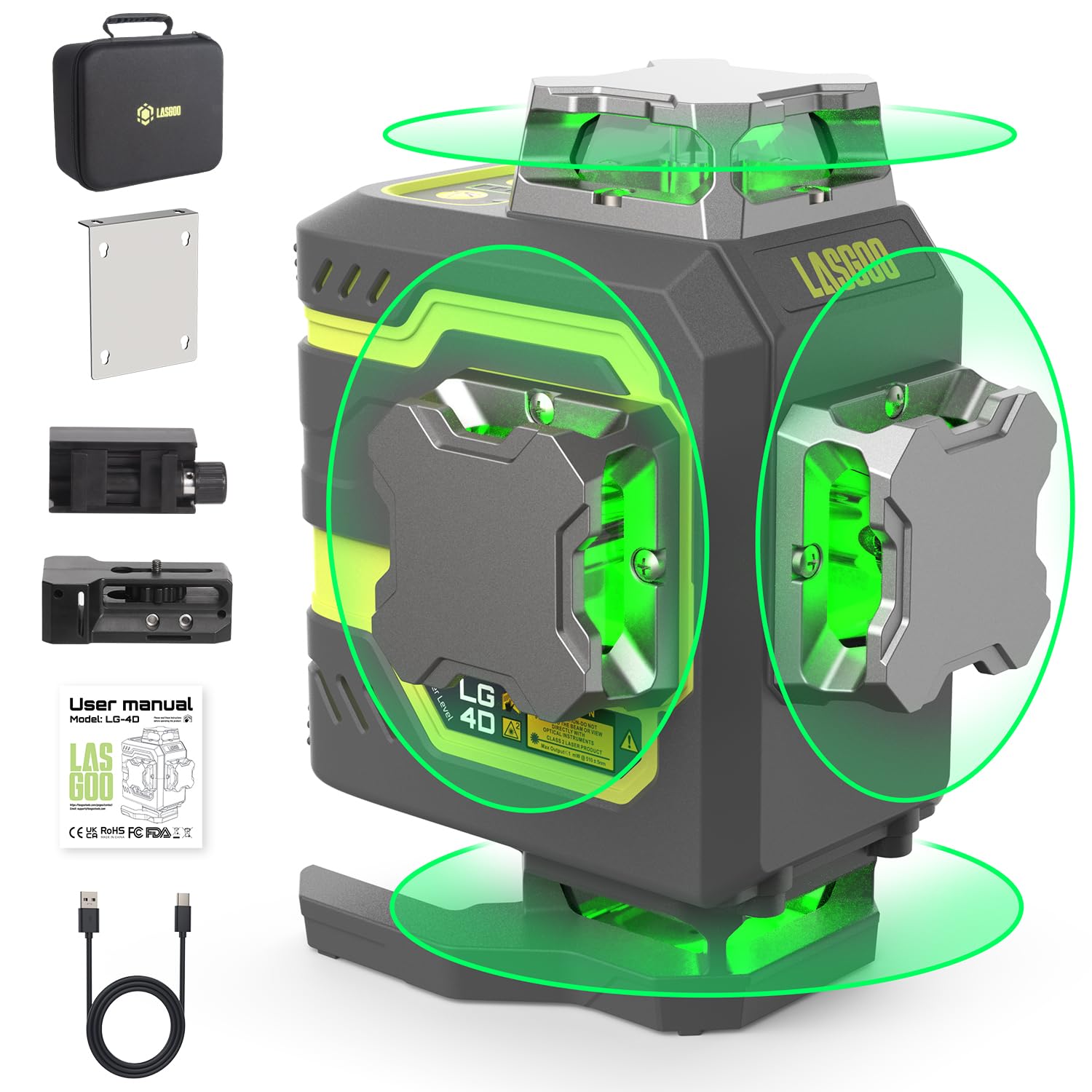 LasGoo LG-4D 16 Green Beam 4x360° Laser Level, Self-Leveling Tool with Horizontal and Vertical Dual Layout, Ideal for Construction and Picture Hanging, Magnetic Pivot Bracket Included