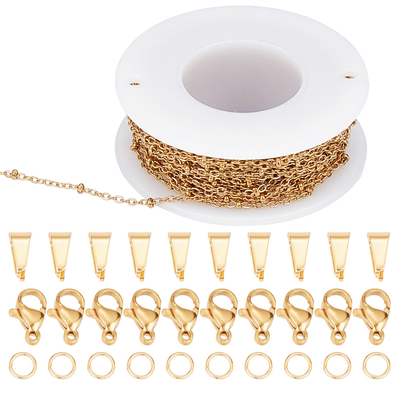 SUNNYCLUE 32.8Feet/ 10m Satellite Chain Bulk Real 18K Gold Plated Stainless Steel Bead Chains Cable Chain 100Pcs Brass Jump Rings 30Pcs Lobster Clasps 30Pcs Pinch Bails for jewellery Making Supplies