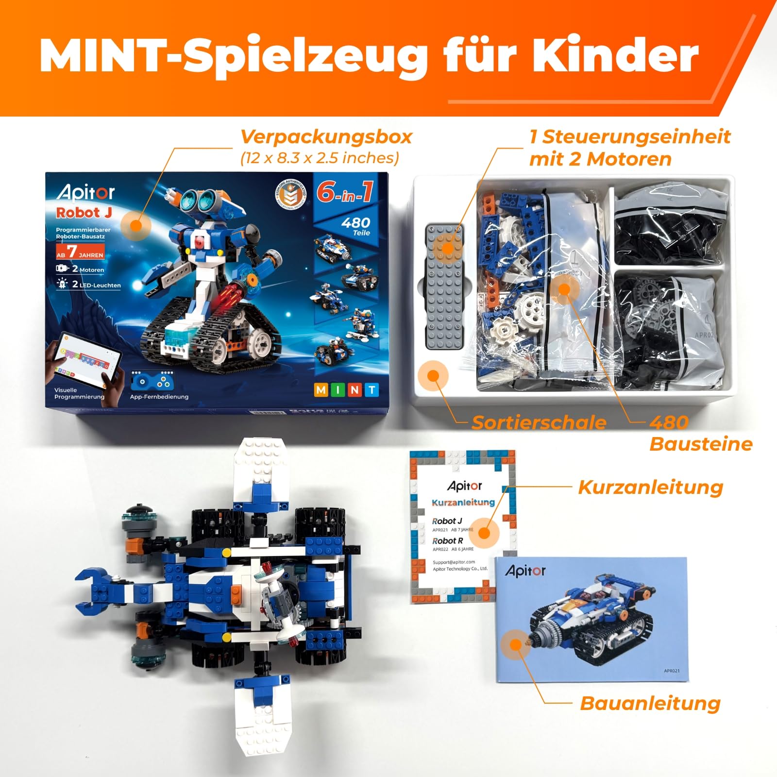Apitor Robot J – Programmierbarer Roboter Bausatz für Kinder, 6-in-1 STEM Lernspielzeug mit App-Steuerung, Jungen & Mädchen ab 7 Jahren (480 Teile) 8
