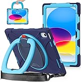 BKOUNCTK for iPad (A16) 11th/10th Generation Case 2025/2022 (11″/10.9″),Heavy Sturdy Shockproof Kids Case with Screen Protector,Rotating Stand/Pencil Holder/Shoulder Strap (Navy Blue+Blue)