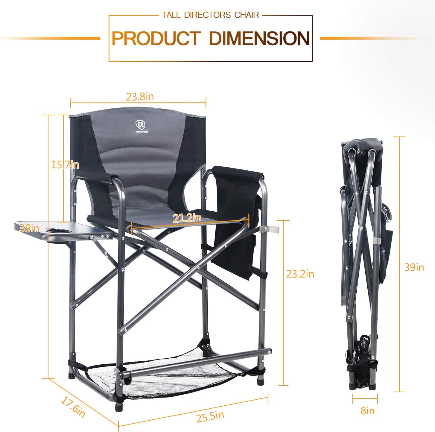 EVER ADVANCED Medium Tall Directors Chair Foldable Makeup Artist Chair Bar Height with Side Table Cup Holder and Storage Bag Footrest, Supports 300LBS (Grey, Seat Height: 23.2 inches): Furniture & Decor
