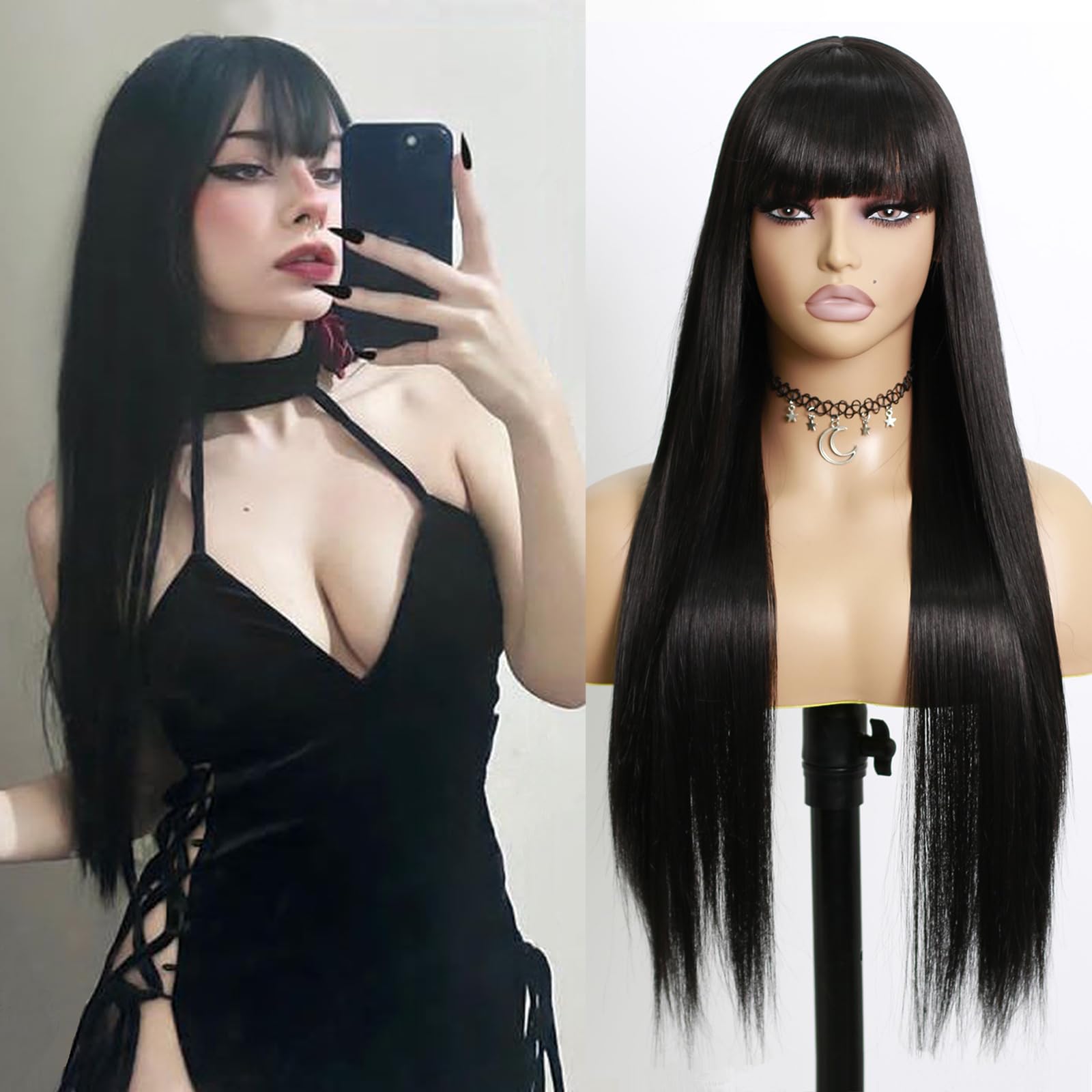 Photo 1 of EVLYNN Black Wigs With Bangs Straight for Fashion Women 26 Inch Ombre Color Wig Heat Resistant Synthetic Fiber Hair Long Glueless Wig For Women