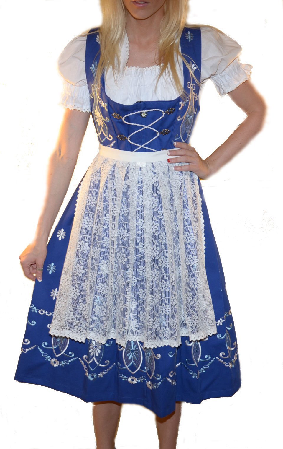 Dirndl Trachten Haus 3 Piece Long Blue Women's Bavarian Dirndl Dress for German Oktoberfest