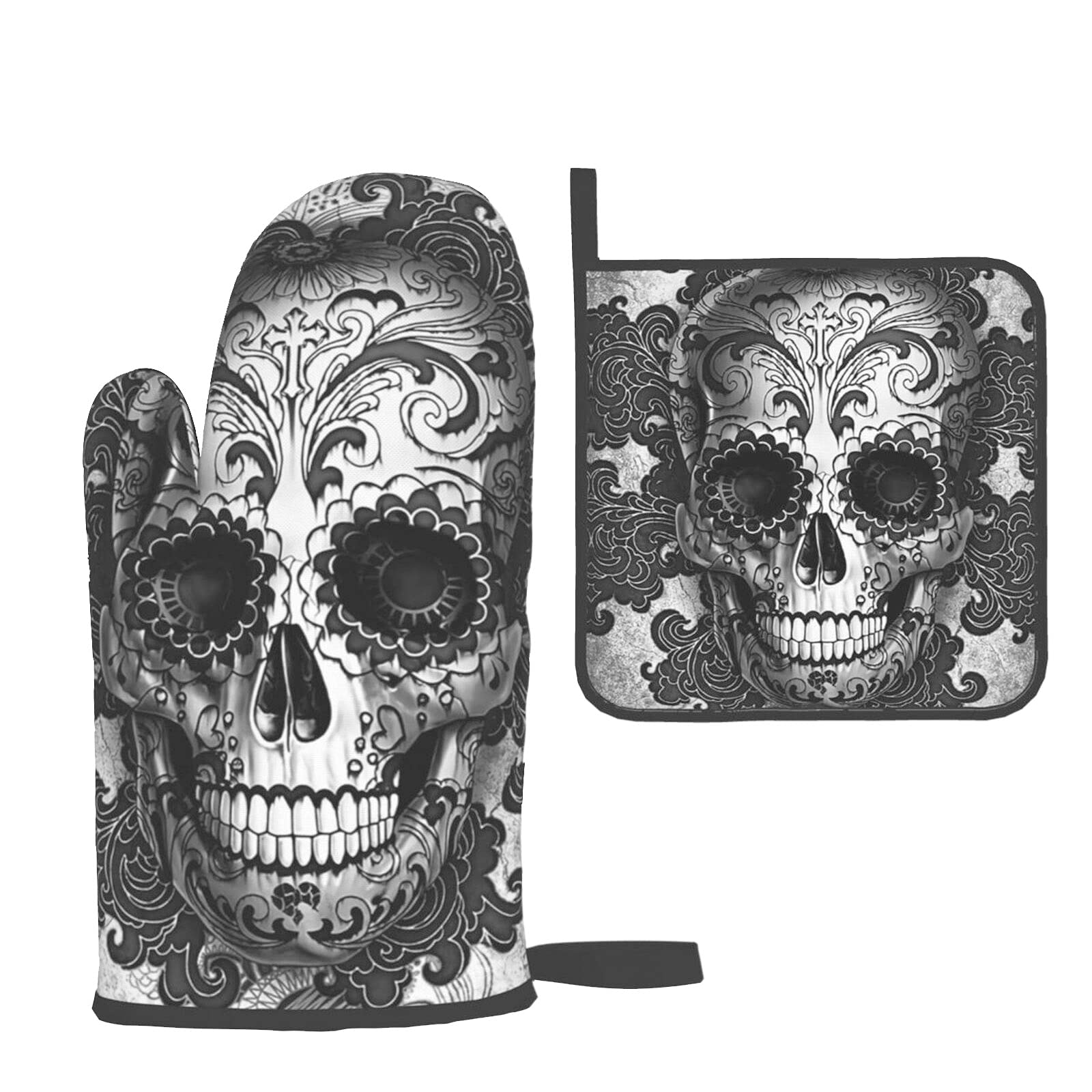 Photo 1 of Gothic Sugar Skull Black Oven Mitts and Pot Holders Sets,Halloween Heat Resistant Non Slip Kitchen Gloves Hot Pads with Inner Cotton Layer for Cooking BBQ Baking Grilling