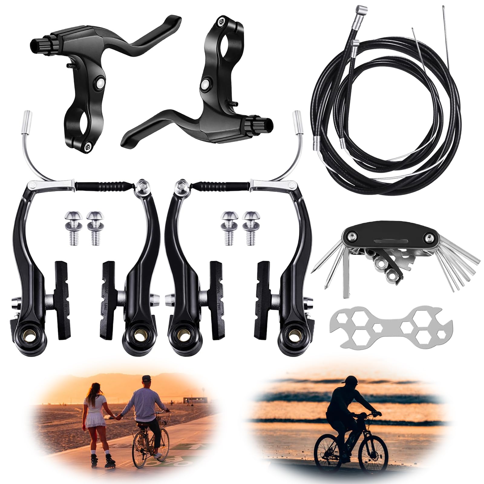 VidFair 1 Pairs Bike Brakes,Universal Complete V Bike Brakes Set,Mountain Bike Replacement for Most Bicycle,Road Bike Brakes Cables with Front Back Wheels Bike Brake Levers and All Fixings