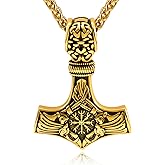 Hoyazvet Viking Thor's Hammer Necklace for Men, 18K Gold/Black/Stainless Steel Mjolnir Amulet Pendant Norse Pagan Compass Nordic Viking Jewelry, with Gift Box