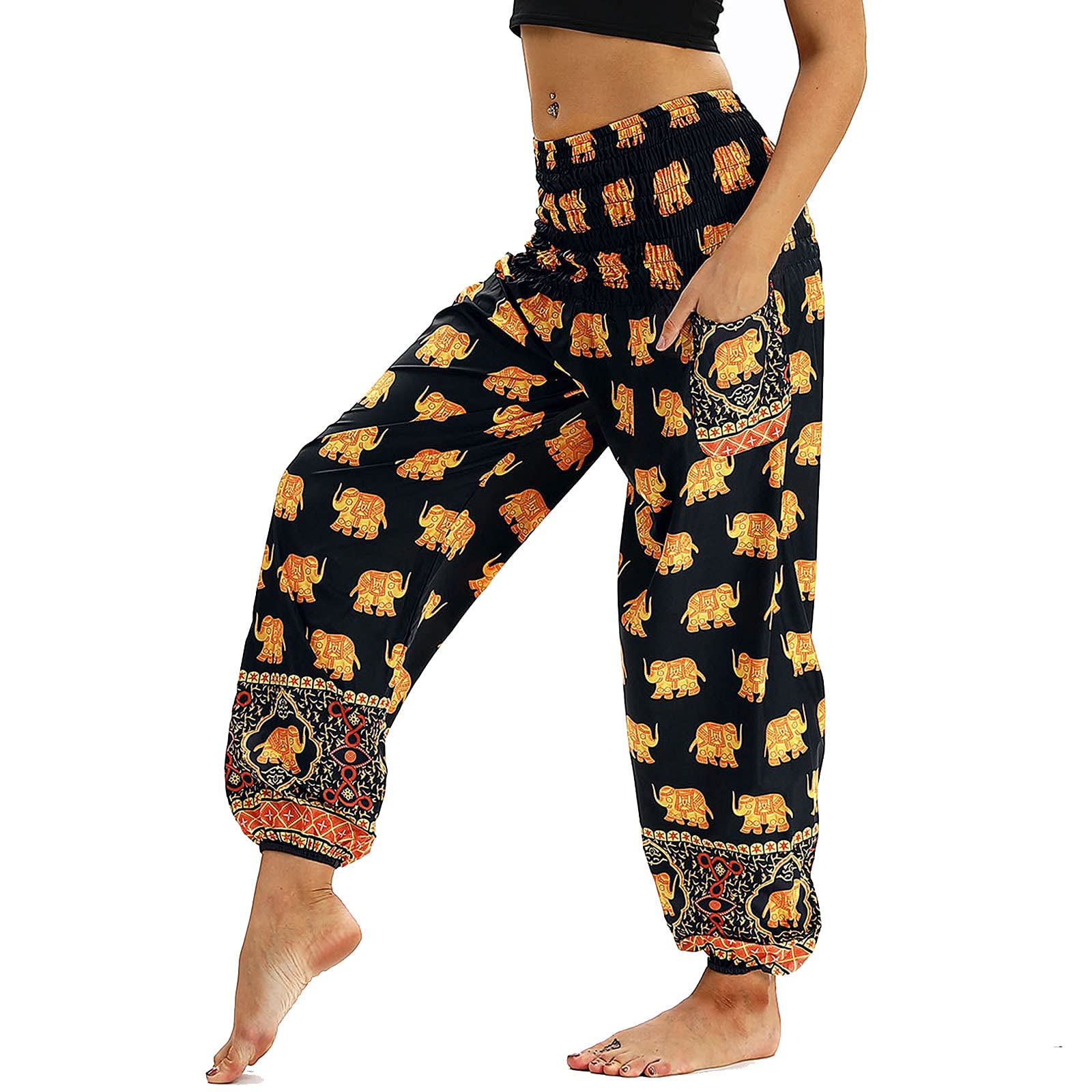 Nuofengkudu Women's Harem Trousers Thai Hippie Baggy Bohemian Patterned High Waist Smocked Waist Thin with Pockets Lounge Trousers Yoga PantsSummer Beach Yellow Elephant, One Size