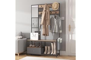 NAIYUFA Entryway Hall Tree with Drawer,Coat Rack with Mirror,Vintage Industrial Hall Tree with Shoe Bench,5-in-1 Storage Rack with 8 Hooks and Grid Panel