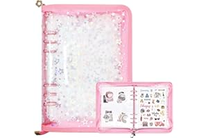 Ruatu Sticker Storage Organizer Binder A5 Sticker Collecting Book Reusable Zipper Album with Clear Laser Star Cover and Pocket Pages (Pink)