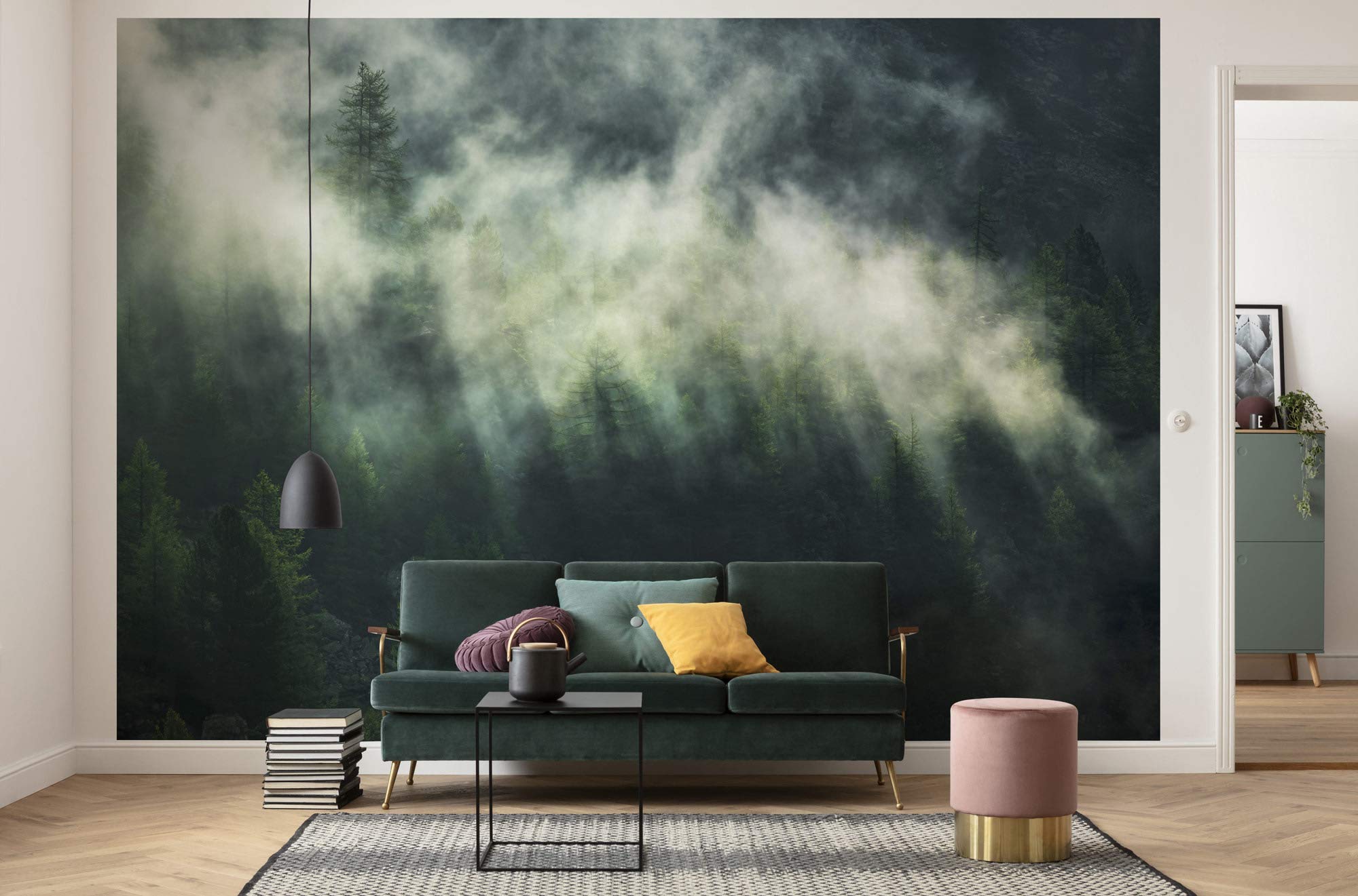 Komar X7-1003 Non-Woven Misty Crowns Size: 350 x 250 cm 7 Panels Width 50 cm Forest Fog Wallpaper Decoration Wall Mural Wall Covering Design Wallpaper X7-1003 Photo Wallpaper Green White