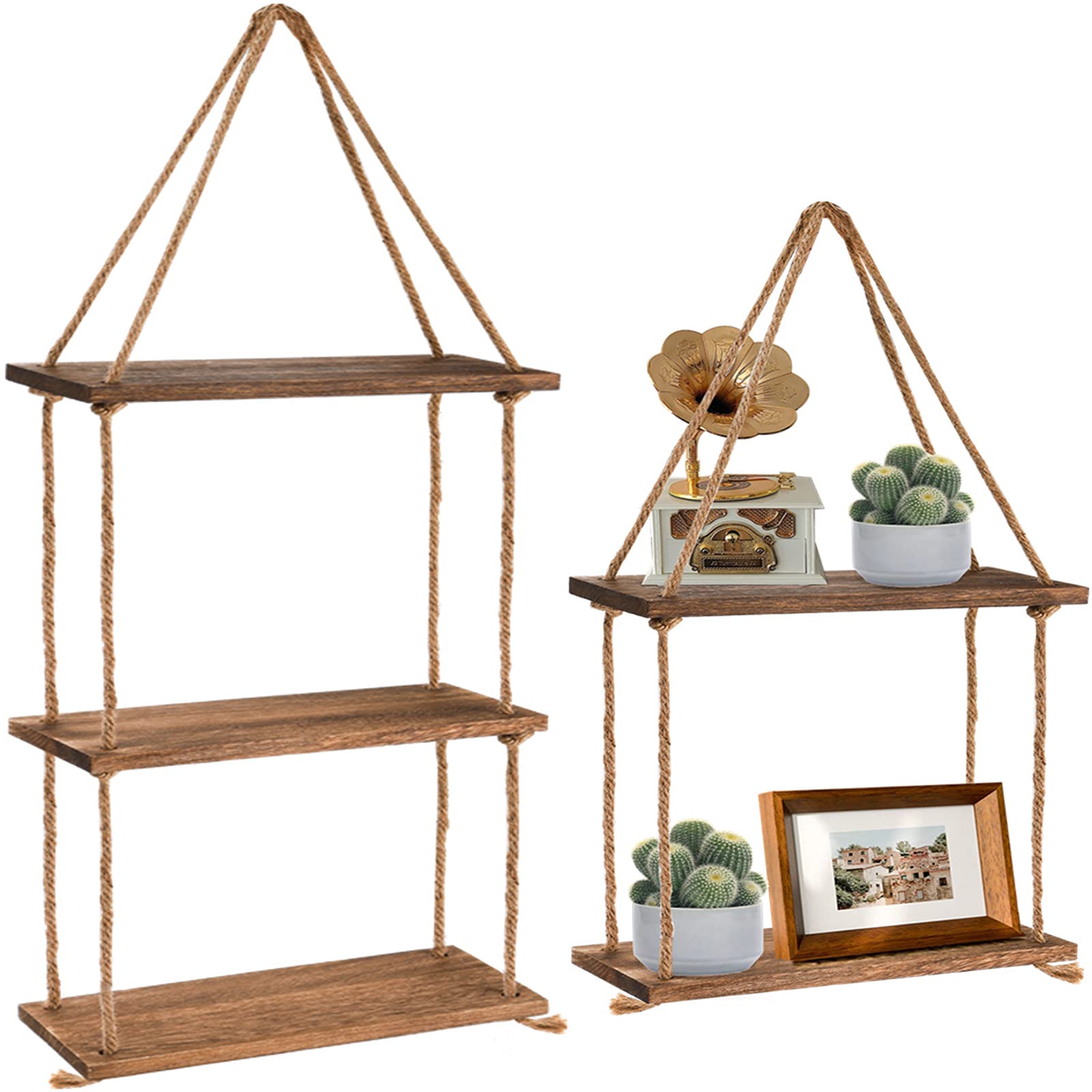 ZOOFOX Set of 2 Wood Hanging Shelf, 2 Tier and 3 Tier Jute Rope Wall Hanging Floating Shelf, Rustic Home Wall Storage and Display Rack for Living Room, Bathroom, Bedroom, Kitchen and Office ( Brown )