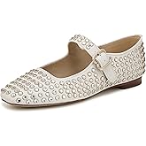 ZIXSAA Rhinestone Flats for Women Studded Ballet Flats Sparkly Square Toe Buckle Strap Ballerina Mary Jane Shoes
