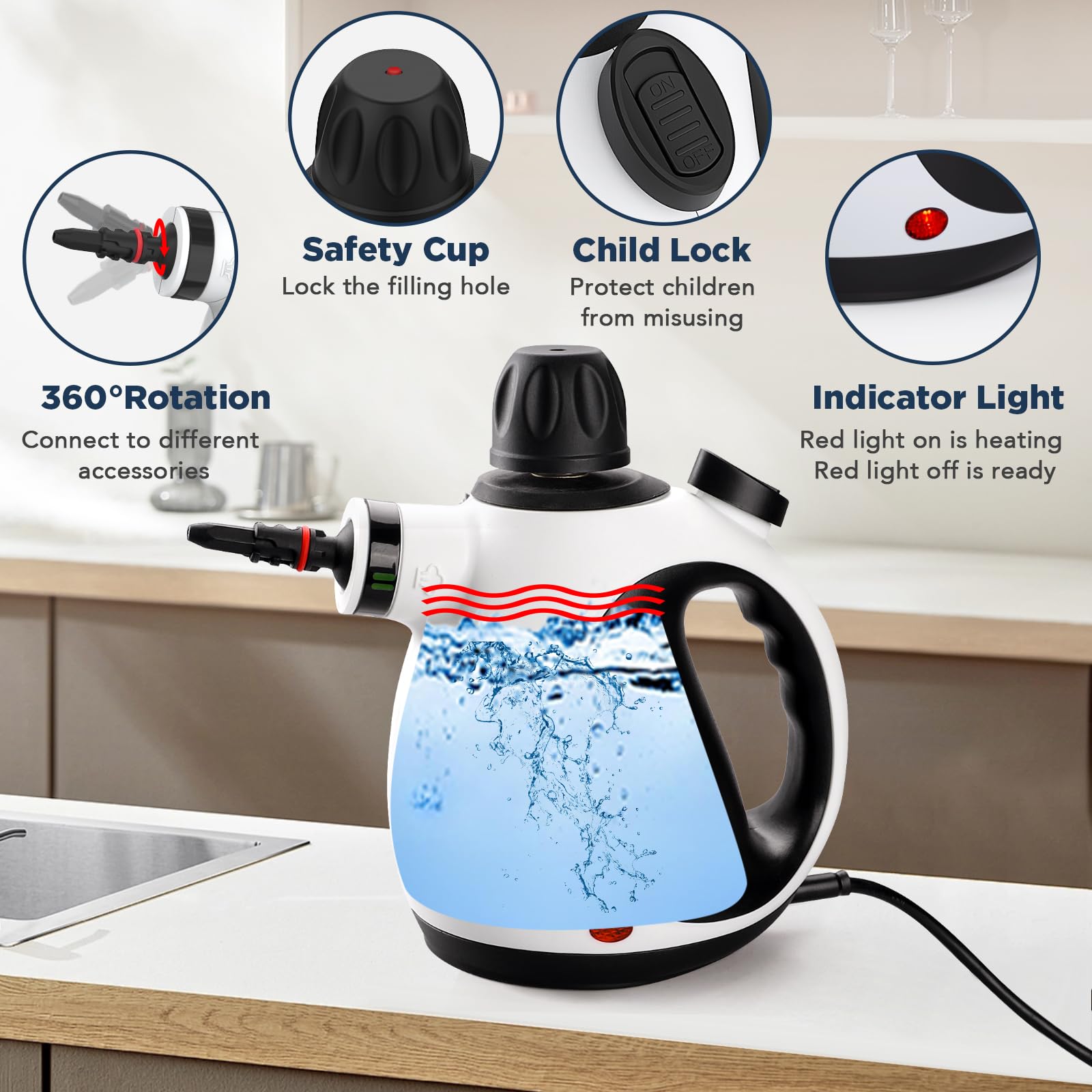 Handheld Steam Cleaner, Steam Cleaner for Home with 10 Accessory Kit, Multipurpose Portable Upholstery Steamer Cleaning with Safety Lock to Remove Grime, Grease, and More