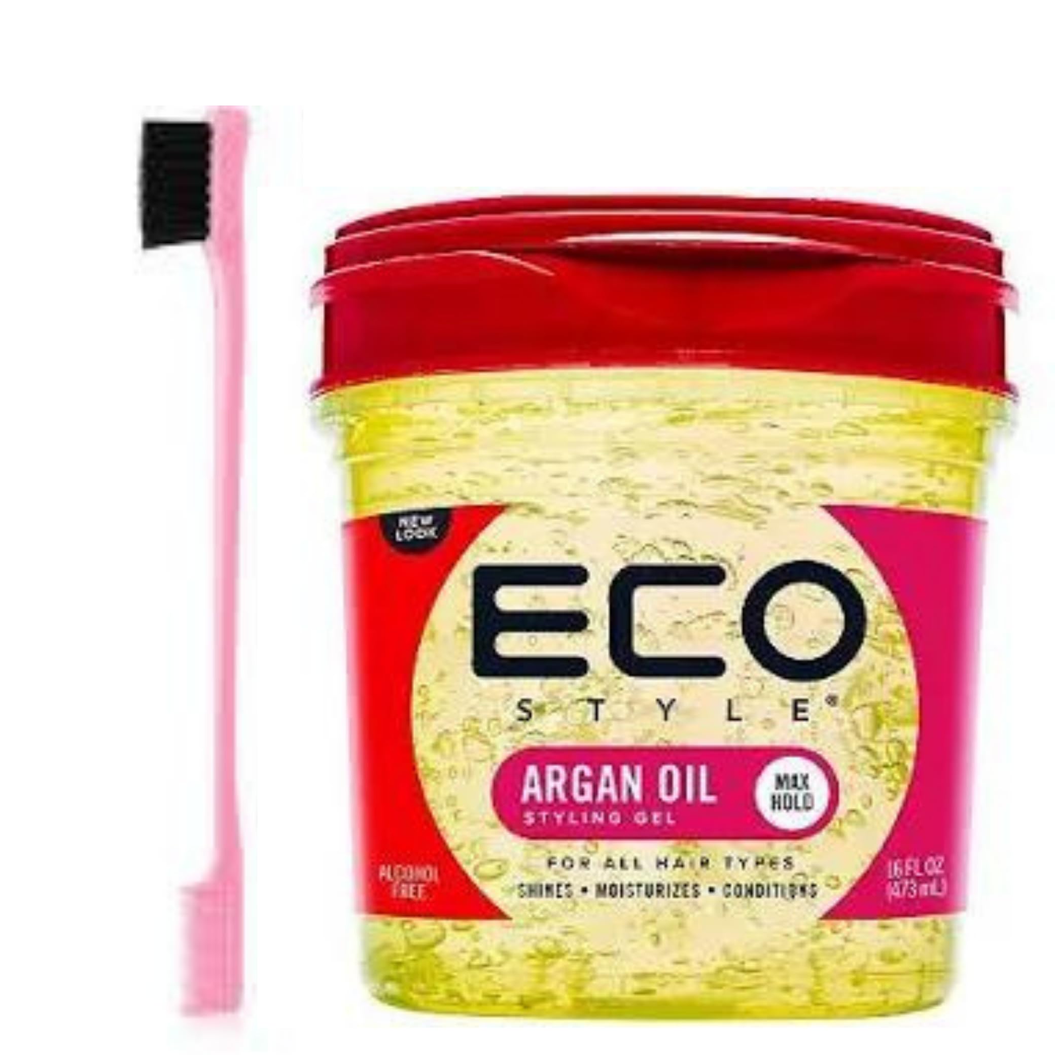 Eco Style Argan Oil Styling Gel 8oz with 1 Omoge Edge Brush – Alcohol Free Eco Gel for Curly Coily Afro Hair Strong Hold Moisturising Styling Hair Gel for Men Women and Kids