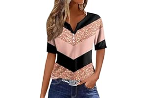 OVTICZA Sequin Tops for Women Short Sleeve V Neck 2024 Summer Casual T Shirt Tee Fashion Sparkly Print Button Blouses Basic Pullover