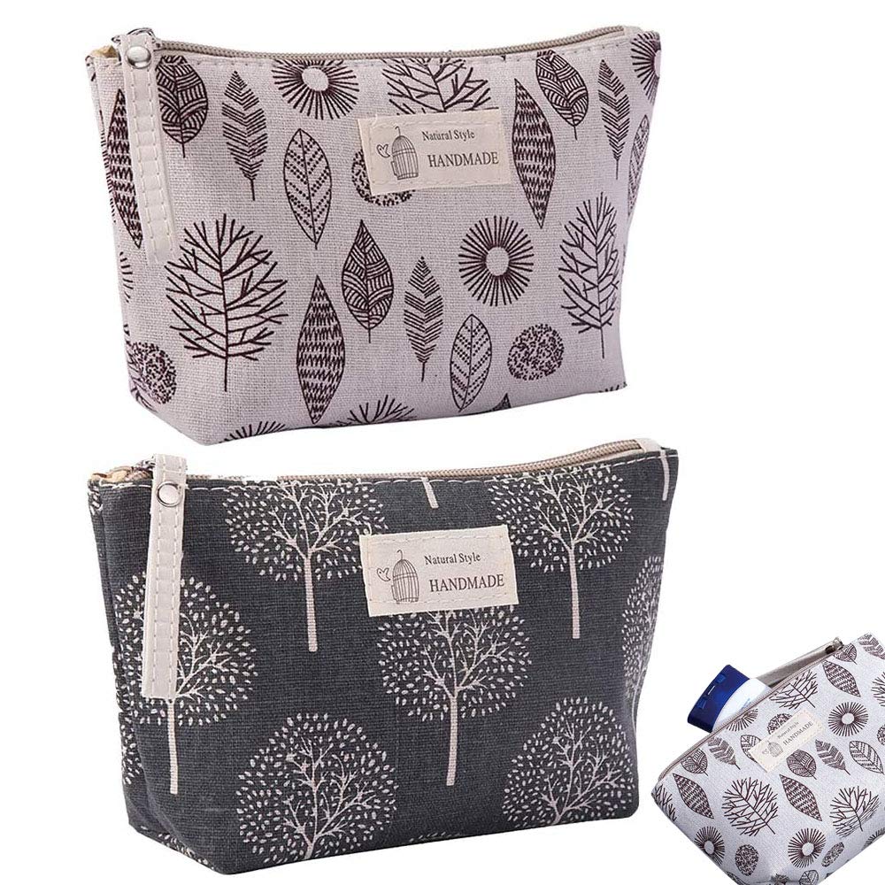 2 Pieces Pouches with Zipper Toiletry Bag, Canvas Cosmetic Bag, Portable Women Coin Purses, Multifunctional Canvas Printed Makeup Pouch with Zipper for Cosmetics, Keys, Coins, Cards (Tree, Leave)