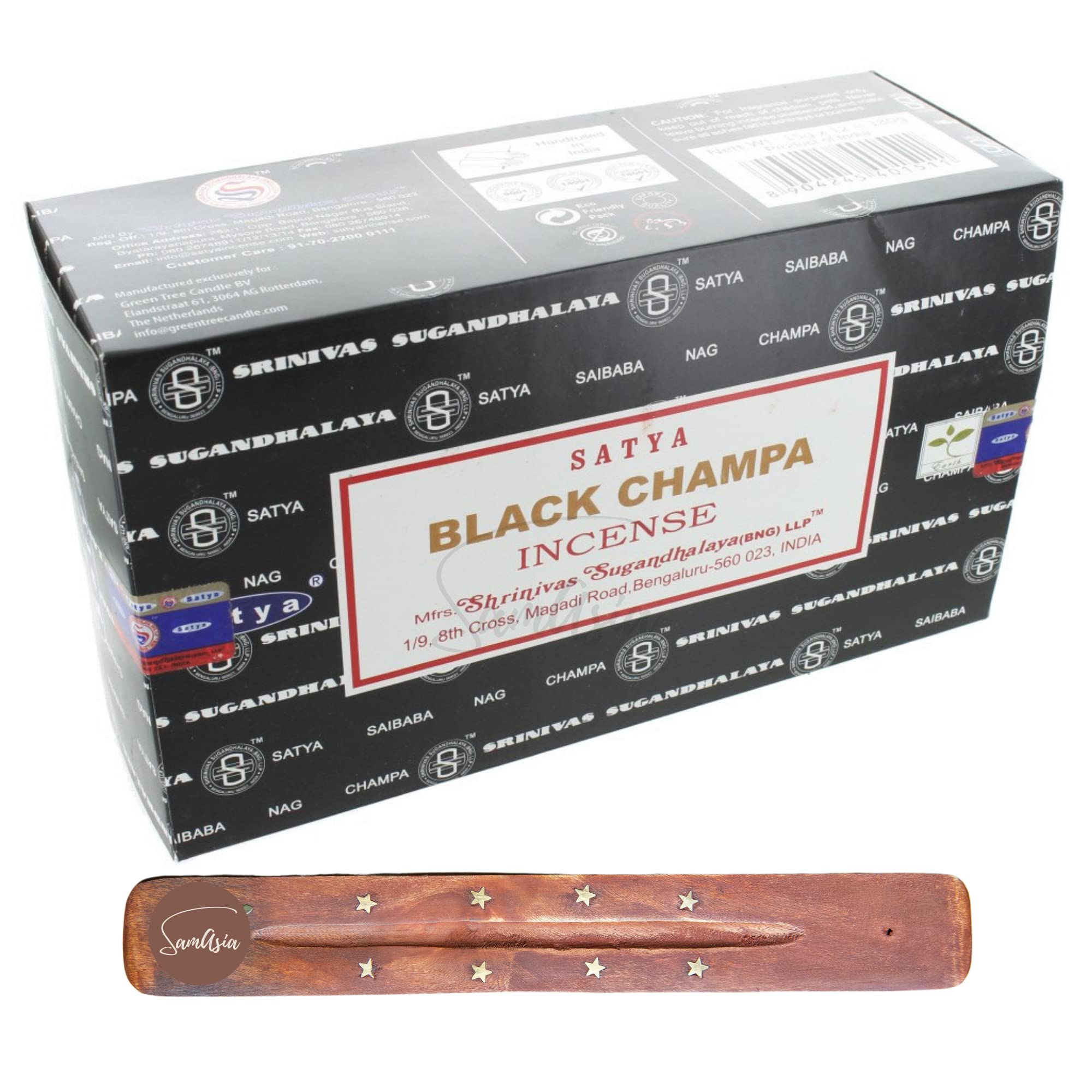 Satya Nag Champa Black Champa Incense Sticks | x12 pack | with SAMASIA incense sticks holder | Used for Blomatherapy, Spa, Yoga, Weddings, Meditation, Healing, Positivity and Relaxation