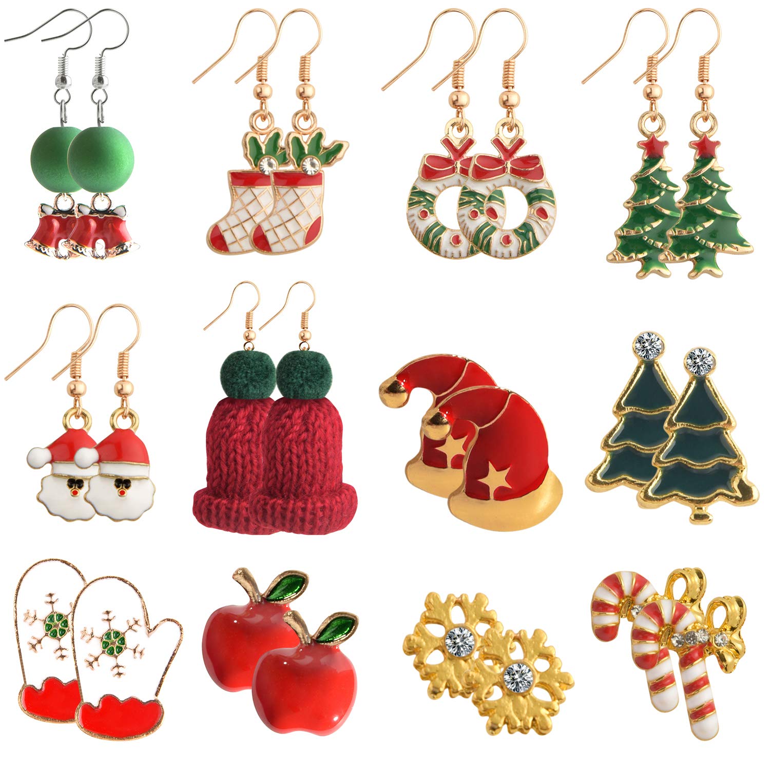 TUPARKA 12 Pairs Christmas Earrings Christmas Stud Earrings Xmas with Santa Claus Snowman Snowflake Reindeer Christmas Trees for Women Girls