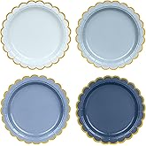 AimFun Dusty Blue Paper Plates Gradient Color Disposable Dessert Party Plates 7inch Gold Foil Scalloped Plate for Christmas Bridal Baby Shower Wedding Tea Party Supplies (24, Dusty Blue)