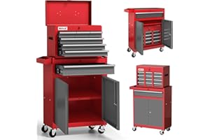 AIRAJ Tool Chest 7-Drawer | 40'' H Rolling Tool Chest with Wheels | Detachable Top Metal Tool Box | Garage Storage Cabinet for Repair Room,Warehouse | Rolling Tool Box with Hooks,Liners,Tray Divider | Red