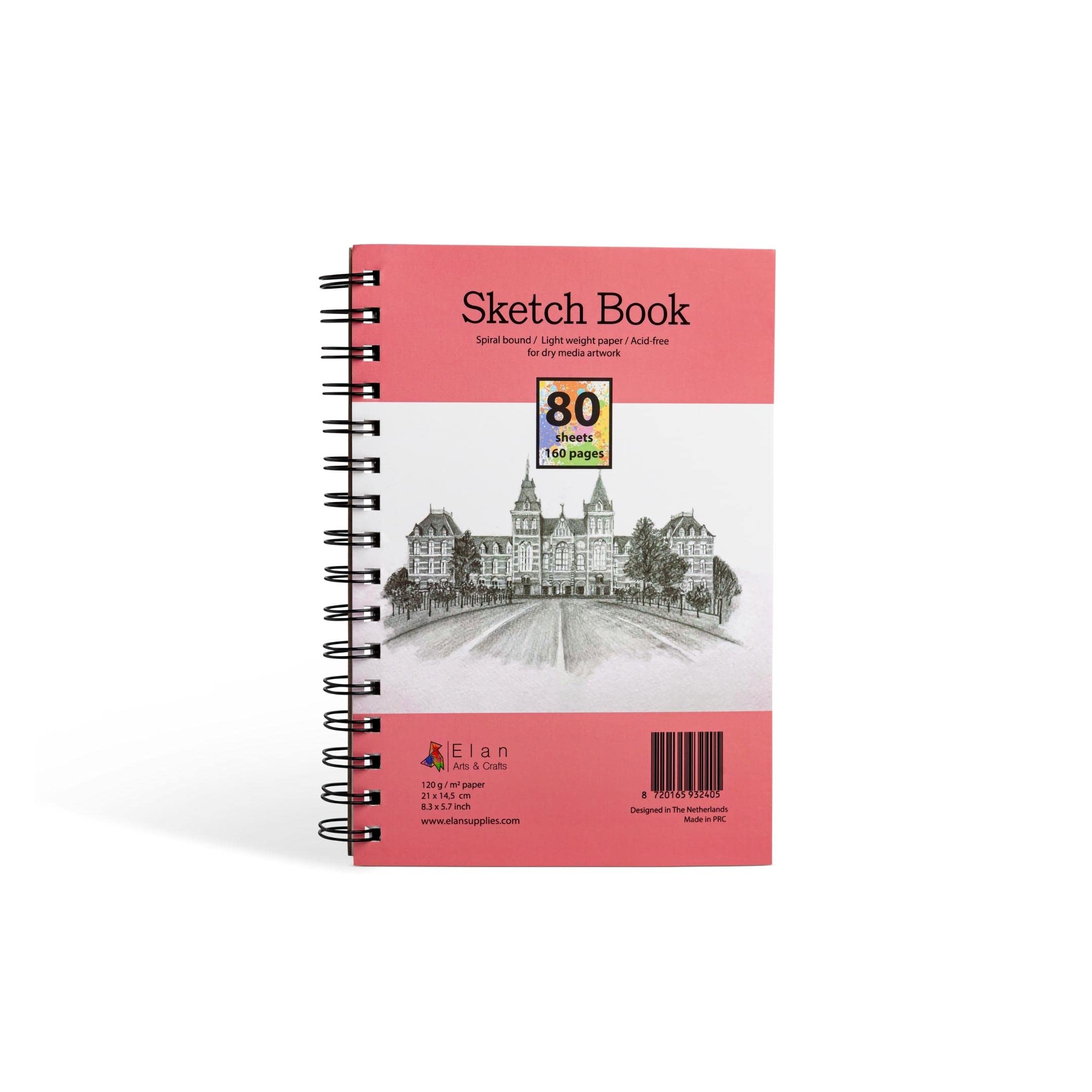 Elan Sketchbook A5, 80 Sheets/160 Pages 120 GSM, White Sketch Pad, Acid-Free Drawing Book, Sketch Book A5 Plain Thick Paper, Spiral Bound Drawing Pad