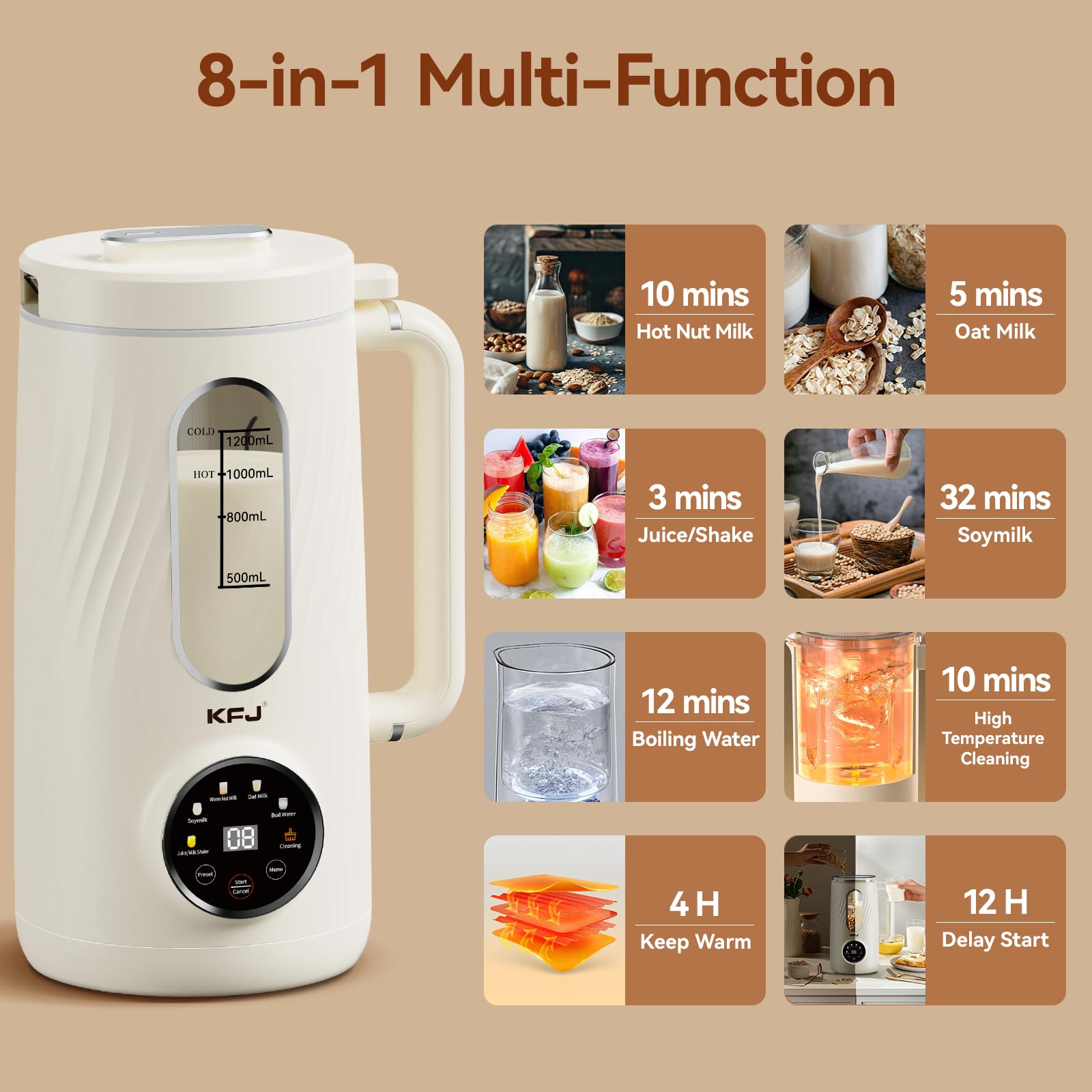 KFJ Máquina para hacer leche de nueces 8 en 1, 41 oz de coco casero, soja, avena, almendras, leches a base de plantas y bebidas no lácteas con inicio retardado/hervir agua/autolimpieza, color blanco