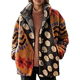 TIAFORD Womens Retro Soft Warm Fuzzy Fleece Coat Button Oversized Cozy Jacket Boho Colorful Print Winter Casual Outerwear