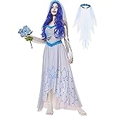 Funna Corpse Bride Costume Women Dress with Veil Halloween Cosplay