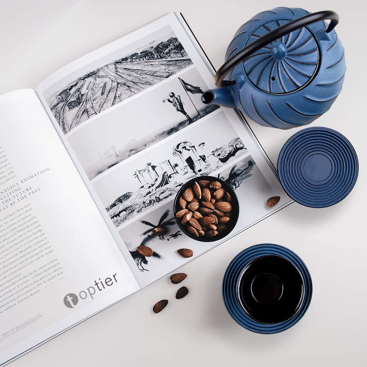 Tea Kettle, TOPTIER Japanese Cast Iron Teapot with Stainless Steel Tea Infuser | Durable Cast Iron Kettle Set [Wave Design] Coated with Full Enameled Interior for 30 Ounce / 900 ml, Navy Blue