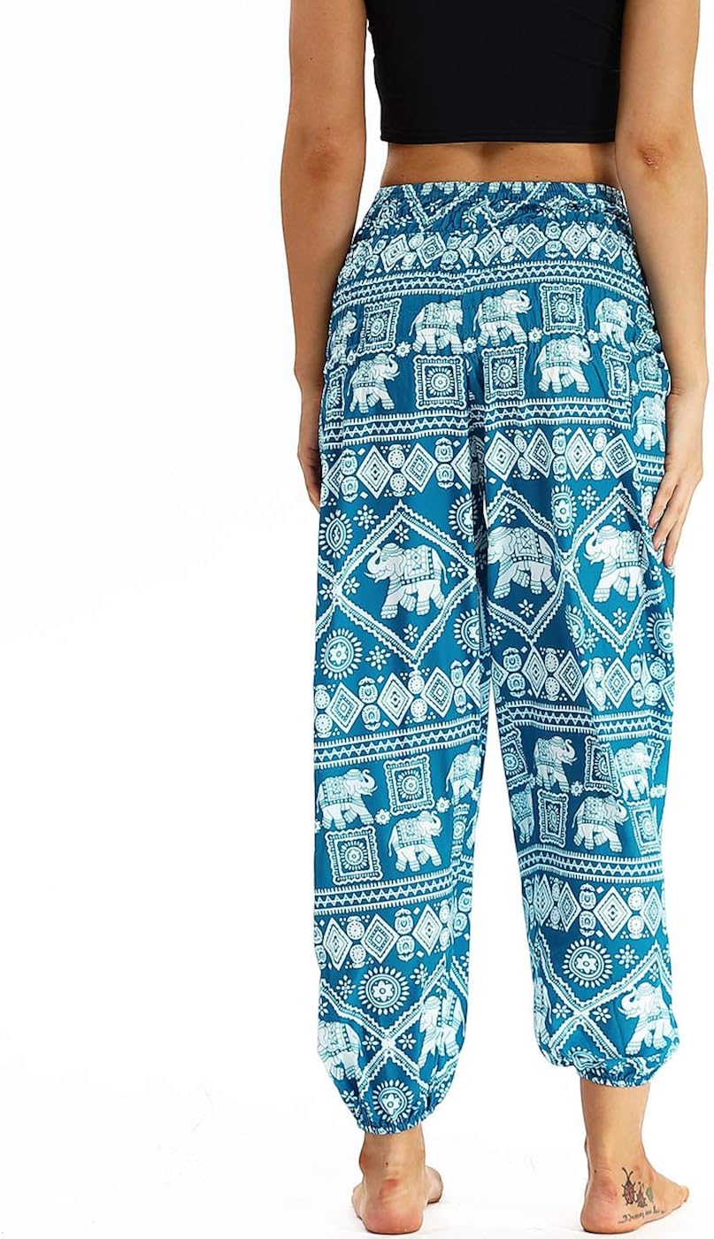 Nuofengkudu Women's Harem Trousers Thai Hippie Baggy Boho Vintage Patterned High Waist Smocked Waist Breathable Thin with Pockets Yoga Pants Beach Light Blue Elephant B - Image 4