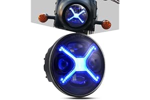 PKEDUO 5-3/4" Motorcycle Headlight 5.75 Inch Round LED Headlight Smoke X-Style BLUE DRL Compatible with Indian Scout Wide Glide Iron883 Sportster48