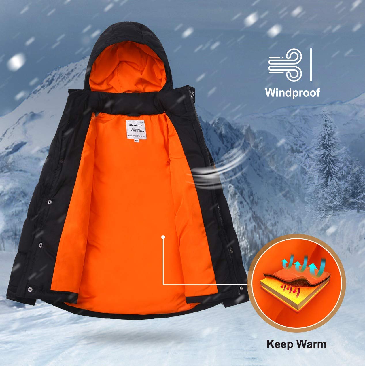 SOLOCOTE Boys Winter Coat Lightweight Thicked Winter Jacket Warm Soft Puffy Cotton Outwear with Hood, SLN2013 Black B 5-6Y