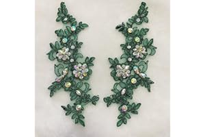 PLUNE Handmade Appliques 1 Pair of Embroidery Sequin Lace Applique Sewing Flower Fabric Collar Patch Motif Wedding Gown Dress Bridal DIY Crafts (Deepgreen)