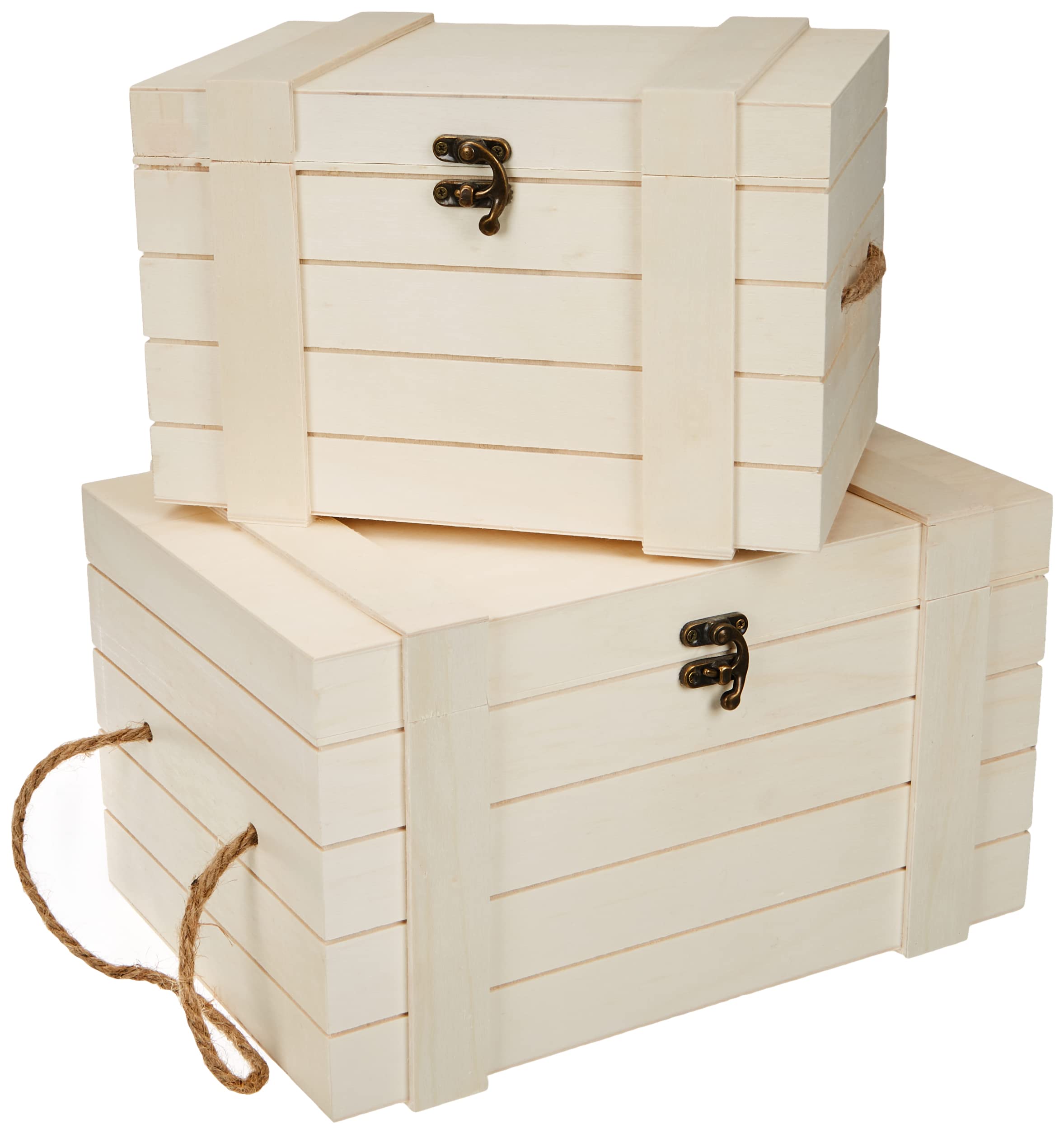 Rayher 62651000 Set of Two Wooden Chests with Jute Rope Handle, DIY Keepsake Box with Lid, Plain Wood, 30 x 20.5 x 17.3 cm and 24 x 16 x 15.5 cm