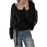 GORGLITTER Women's Wrap Cardigan Sweaters Long Sleeve Tie Drop Shoulder Trendy Knit Cardigan Outfits Old Money Clothes Black Large