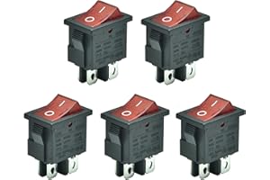 FILSHU 5pcs Snap-in DPST Mini Rocker Switch On-Off Red Lamp 4Pin 6A/250VAC 10A/125VAC T85