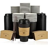 LITOPAK 100 Pack 16 oz Paper Coffee Cups with Lids, Black Disposable Coffee Cups with Lids, Sleeves and Stirring Sticks, for Parties, Picnic, Travel, and Events