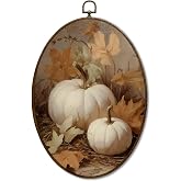 JQF Vintage Fall Pumpkin Oval Wall Art, Farmhouse Autumn Pumpkin Maple Leaf Oval Canvas Wall Art, Retro Rustic Fall Framed Prints Hanging Decor for Home Bedroom Living Room, 8.5x11.5 Inch