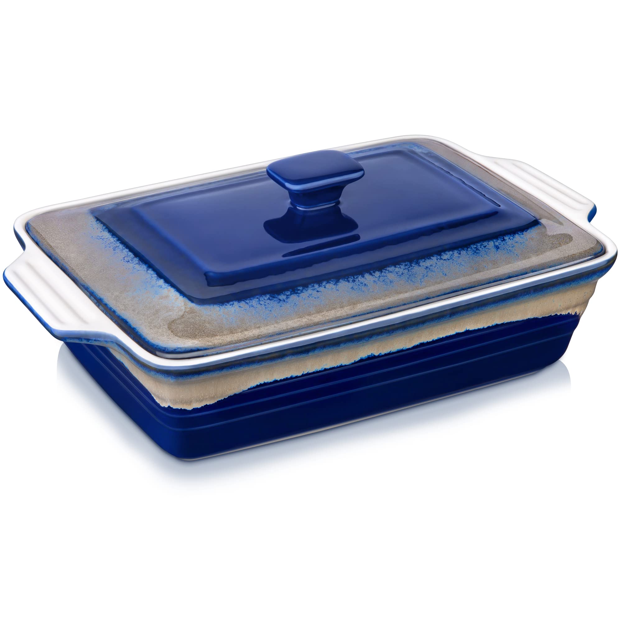 Photo 1 of **2 CHIPS ON THE TOP OF THE DISH** LOVECASA 4.5 Quart Ceramic Casserole Dish with Lid, 9x13 Baking Dish for Oven, Lasagna Pan Deep with Handles, Stoneware Bakeware, Oven & Dishwasher Safe, Blue Gray Gradient